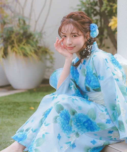 浴衣ジェンヌ 浴衣5点セット 水彩画調 紫陽花 菖蒲 兵児帯 ポリエステル 浴衣ジェンヌ 浴衣5点セット 水彩画調の紫陽花や菖蒲 ライト