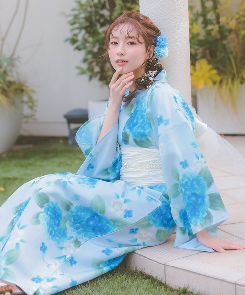 水彩花柄浴衣セット　3点セット　2way ワンピース　兵児帯　ブルー　ショート 水彩花柄浴衣セット 3点セット 2way ワンピース 兵児帯 ブルー