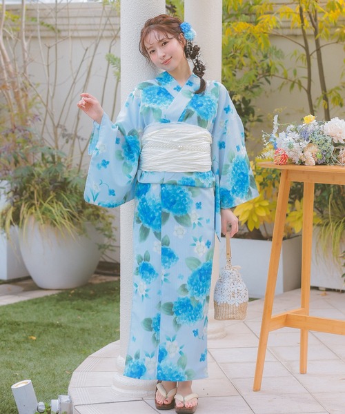 水彩花柄浴衣セット　3点セット　2way ワンピース　兵児帯　ブルー　ショート 水彩花柄浴衣セット 3点セット 2way ワンピース 兵児帯 ブルー