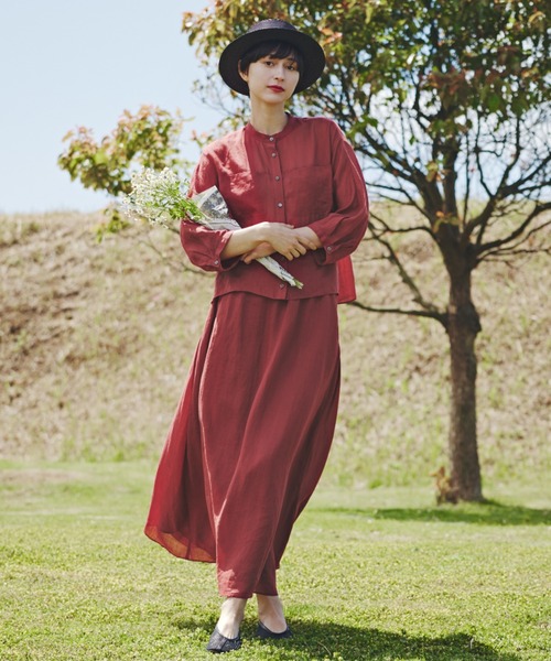human woman（ヒューマンウーマン）の「◆ラミーバンドカラーシャツブラウス（シャツ/ブラウス・レディース・ベージュ/グリーン/ブラウン・MEDIUM）」の5枚目の写真