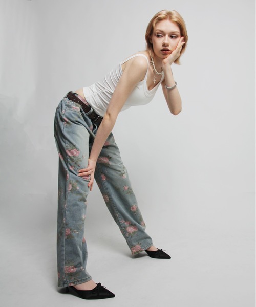 IMARI / イマリ 】 花柄 プリント ストレート デニムパンツ #（デニム