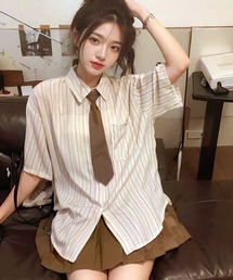 VIBGYOR | タイ付き ストライプビッグシルエットシャツ 半袖(CZ)(シャツ/ブラウス)