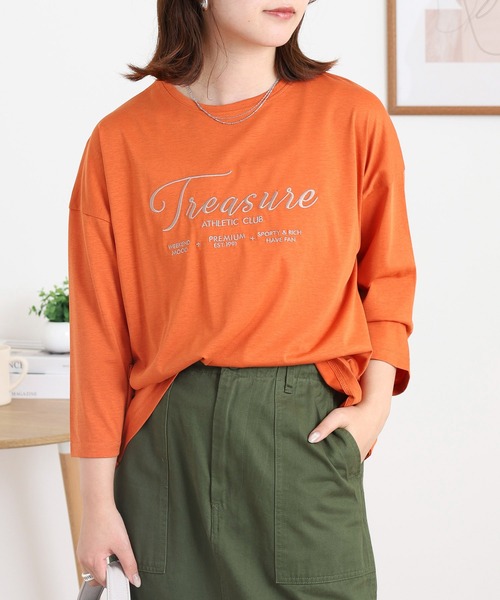 BRODIAEA(ブローディア)の「BRODIAEA ロゴ刺繍七分袖Tシャツ(Tシャツ/カットソー・レディース・ブルーグリーン/グレイッシュベージュ/ブラック/オレンジ・40)」の1枚目の写真