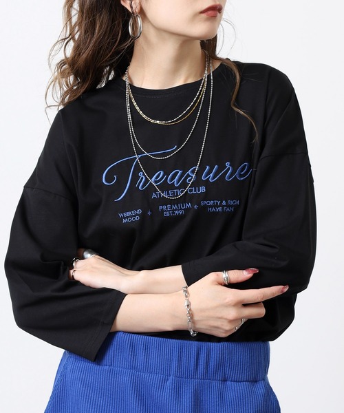BRODIAEA(ブローディア)の「BRODIAEA ロゴ刺繍七分袖Tシャツ(Tシャツ/カットソー・レディース・ブルーグリーン/グレイッシュベージュ/ブラック/オレンジ・40)」の2枚目の写真