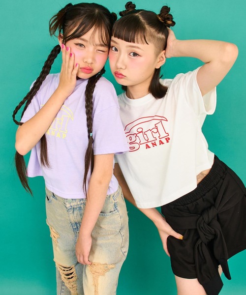 ANAP GiRL(アナップガール)の「ロゴ クロップドTシャツ(Tシャツ/カットソー・キッズ・ラベンダー/ネイビー/ホワイト・XS/S/M)」の2枚目の写真