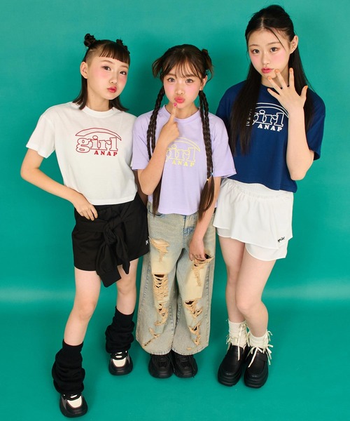 ANAP GiRL(アナップガール)の「ロゴ クロップドTシャツ(Tシャツ/カットソー・キッズ・ラベンダー/ネイビー/ホワイト・XS/S/M)」の5枚目の写真