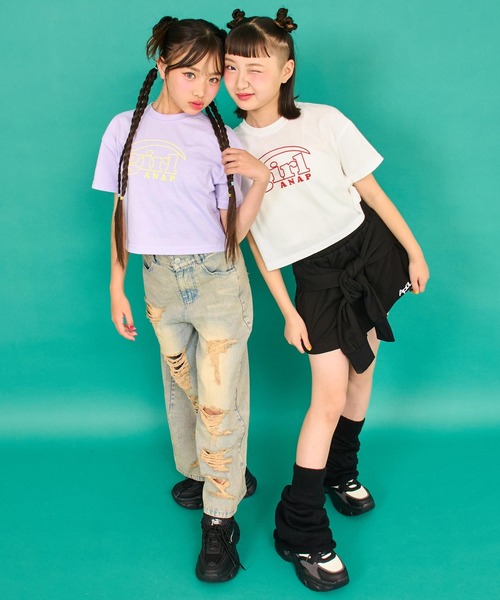 ANAP GiRL(アナップガール)の「ロゴ クロップドTシャツ(Tシャツ/カットソー・キッズ・ラベンダー/ネイビー/ホワイト・XS/S/M)」の6枚目の写真