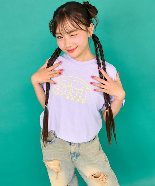 ANAP GiRL(アナップガール)の「ロゴ クロップドTシャツ(Tシャツ/カットソー・キッズ・ラベンダー/ネイビー/ホワイト・XS/S/M)」の18枚目の写真