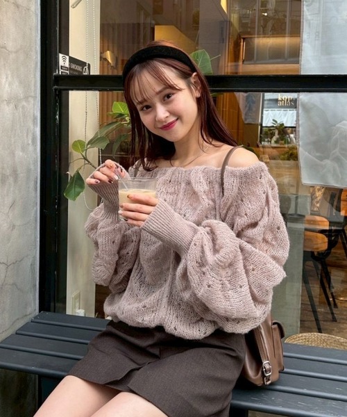 mystic（ミスティック）の「ウェーブシアーホイップニット（ニット/セーター・レディース・オフホワイト/ブラック/ピンク/イエロー/ベージュ・FREE）」の4枚目の写真