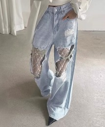 DAY CLOSET | レディース レース×ダメージワイドレッグストレートデニムパンツ(デニムパンツ)