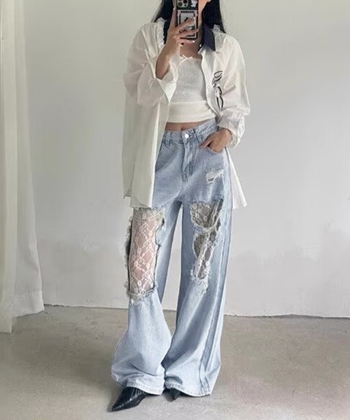 セール】レディース レース×ダメージワイドレッグストレート
