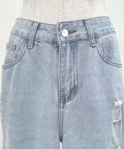 DAY CLOSET(デイ クローゼット)の「レディース レース×ダメージワイドレッグストレートデニムパンツ(デニムパンツ・レディース・ライトブルー・S/M/L/XL)」の9枚目の写真