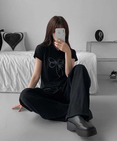 UNE MANSION(ユヌマンション)の「ラブリーリボンクロップドフード半袖Tシャツ(Tシャツ/カットソー・レディース・ブラック/カーキ/ホワイト・FREE)」の8枚目の写真