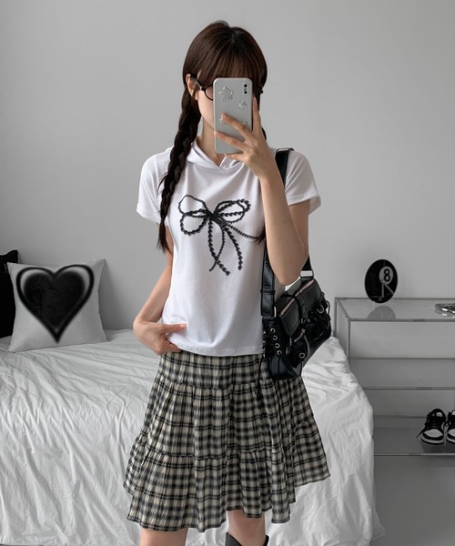 UNE MANSION(ユヌマンション)の「ラブリーリボンクロップドフード半袖Tシャツ(Tシャツ/カットソー・レディース・ブラック/カーキ/ホワイト・FREE)」の10枚目の写真