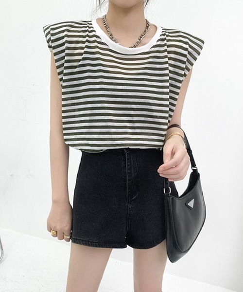 mebole(メボレ)の「キャップスリーブボーダーTシャツ(Tシャツ/カットソー・レディース・ブラック/ブルー・FREE)」の6枚目の写真