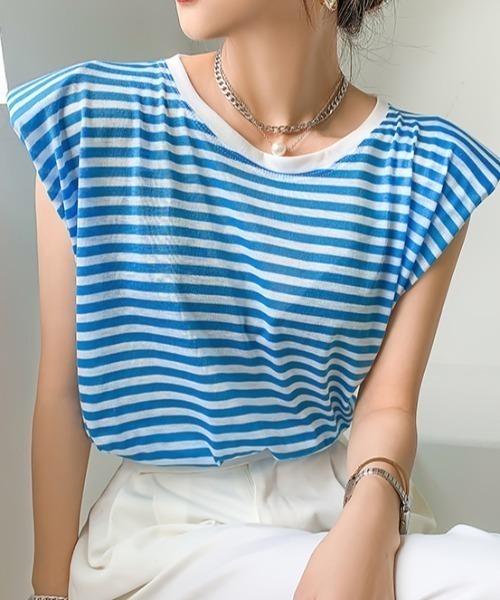 mebole(メボレ)の「キャップスリーブボーダーTシャツ(Tシャツ/カットソー・レディース・ブラック/ブルー・FREE)」の14枚目の写真