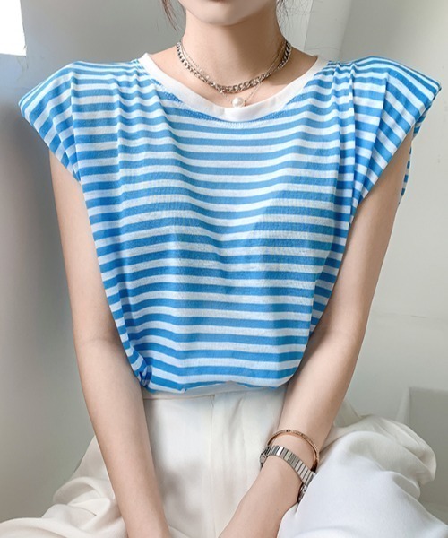 mebole(メボレ)の「キャップスリーブボーダーTシャツ(Tシャツ/カットソー・レディース・ブラック/ブルー・FREE)」の15枚目の写真