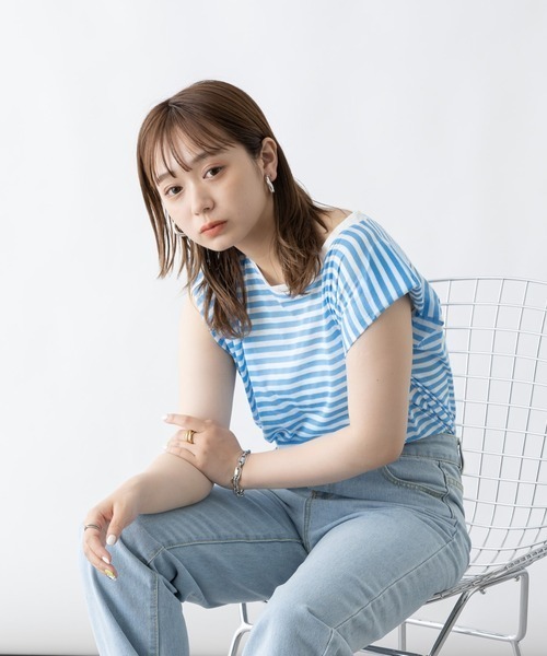 mebole(メボレ)の「キャップスリーブボーダーTシャツ(Tシャツ/カットソー・レディース・ブラック/ブルー・FREE)」の18枚目の写真
