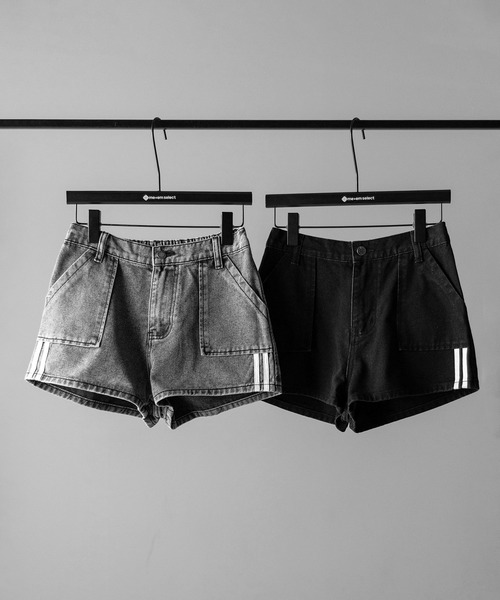 me+em select(ミームセレクト)の「※※【 2color 】サイドラインハイウエストデニムショートパンツ / sideline highwaist denim short pants(デニムパンツ・レディース・ブラック/グレー・SMALL/MEDIUM/LARGE)」の3枚目の写真