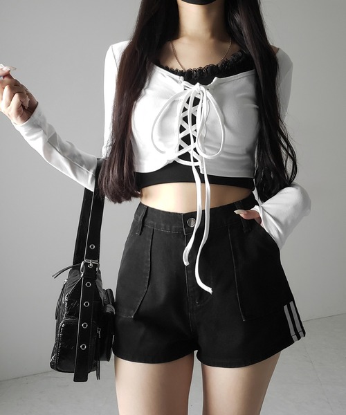 me+em select(ミームセレクト)の「※※【 2color 】サイドラインハイウエストデニムショートパンツ / sideline highwaist denim short pants(デニムパンツ・レディース・ブラック/グレー・SMALL/MEDIUM/LARGE)」の8枚目の写真