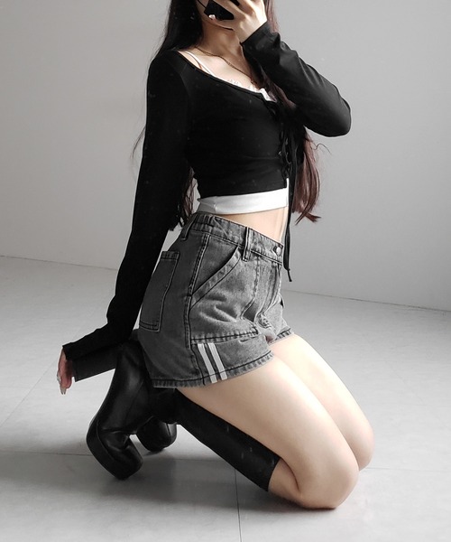 me+em select(ミームセレクト)の「※※【 2color 】サイドラインハイウエストデニムショートパンツ / sideline highwaist denim short pants(デニムパンツ・レディース・ブラック/グレー・SMALL/MEDIUM/LARGE)」の20枚目の写真