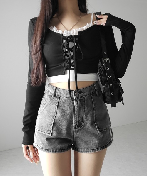 me+em select(ミームセレクト)の「※※【 2color 】サイドラインハイウエストデニムショートパンツ / sideline highwaist denim short pants(デニムパンツ・レディース・ブラック/グレー・SMALL/MEDIUM/LARGE)」の22枚目の写真