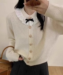 レース リボン アーガイル ニット カーディガン