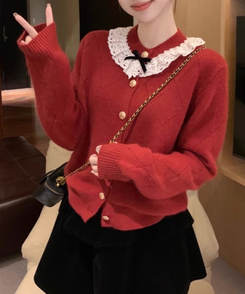 Lace Ladies(レースレディース)の「レース リボン アーガイル ニット カーディガン(カーディガン/ボレロ・レディース・グレー/アイボリー/レッド・FREE)」の16枚目の写真