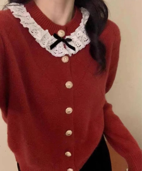 Lace Ladies(レースレディース)の「レース リボン アーガイル ニット カーディガン(カーディガン/ボレロ・レディース・グレー/アイボリー/レッド・FREE)」の7枚目の写真