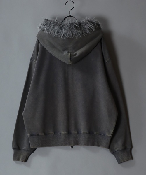 SITRY(シトリー)の「Grunge Style Sweat Fake Fur Hoodie/グランジ ヴィンテージライク オーバーサイズ ファー脱着 ショート丈 ダブルジップ 裏毛 フルジップパーカー フーディー パーカー スウェット レディース メンズ(パーカー・メンズ・ブラック/グレー・M/L)」の15枚目の写真