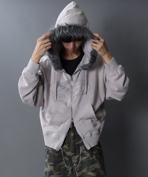 セール】Grunge Style Sweat Fake Fur Hoodie/グランジ ヴィンテージ