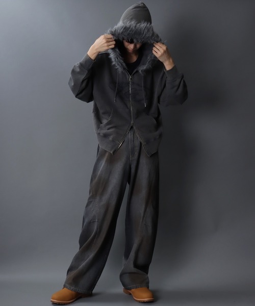 Grunge Style Sweat Fake Fur Hoodie/グランジ ヴィンテージライク