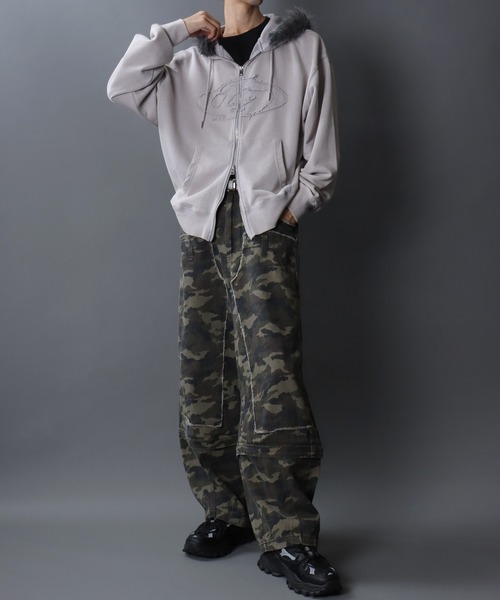 SITRY(シトリー)の「Grunge Style Sweat Fake Fur Hoodie/グランジ ヴィンテージライク オーバーサイズ ファー脱着 ショート丈 ダブルジップ 裏毛 フルジップパーカー フーディー パーカー スウェット レディース メンズ(パーカー・メンズ・ブラック/グレー・M/L)」の9枚目の写真