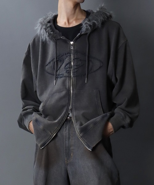 セール】Grunge Style Sweat Fake Fur Hoodie/グランジ ヴィンテージ