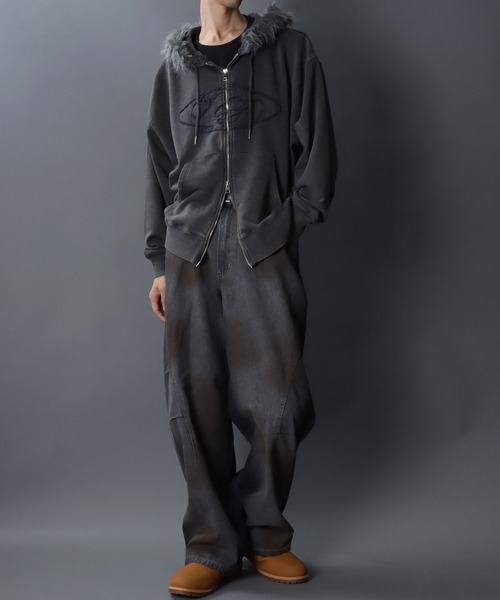 SITRY(シトリー)の「Grunge Style Sweat Fake Fur Hoodie/グランジ ヴィンテージライク オーバーサイズ ファー脱着 ショート丈 ダブルジップ 裏毛 フルジップパーカー フーディー パーカー スウェット レディース メンズ(パーカー・メンズ・ブラック/グレー・M/L)」の5枚目の写真