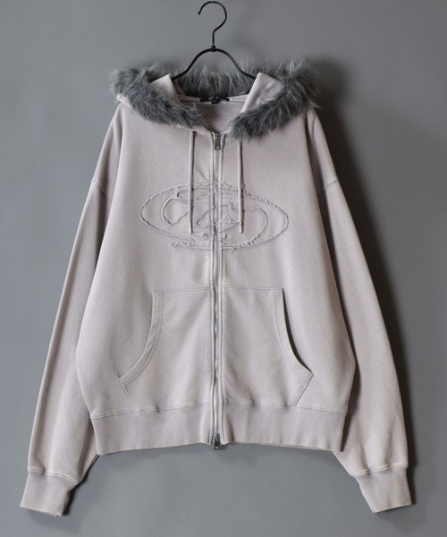 SITRY(シトリー)の「Grunge Style Sweat Fake Fur Hoodie/グランジ ヴィンテージライク オーバーサイズ ファー脱着 ショート丈 ダブルジップ 裏毛 フルジップパーカー フーディー パーカー スウェット レディース メンズ(パーカー・メンズ・ブラック/グレー・M/L)」の14枚目の写真