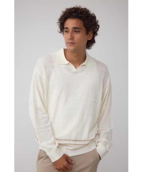 AZUL by moussy(アズールバイマウジー)の「編地変化長袖ニットポロ(ポロシャツ・メンズ・アイボリー/ブラック・MEDIUM/LARGE)」の4枚目の写真