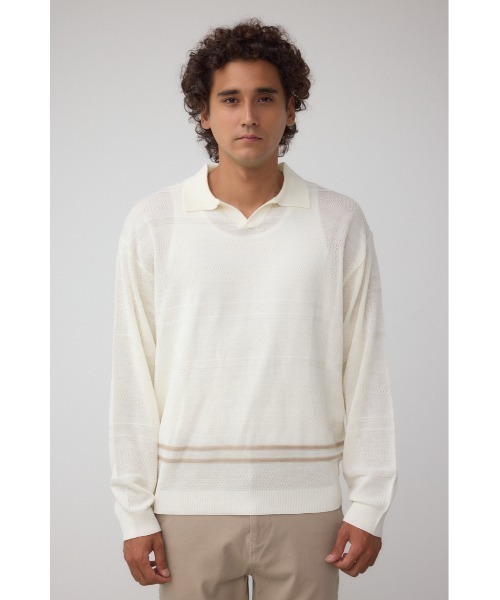 AZUL by moussy(アズールバイマウジー)の「編地変化長袖ニットポロ(ポロシャツ・メンズ・アイボリー/ブラック・MEDIUM/LARGE)」の6枚目の写真