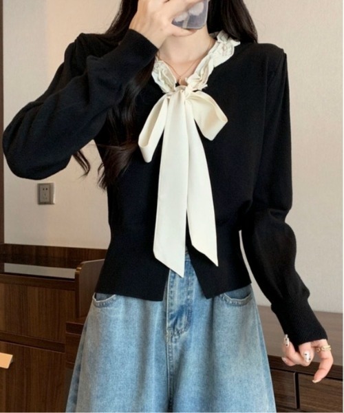 Mejoul(メジュール)の「フリルネックリボンニットトップス(ニット/セーター・レディース・アイボリー/ブラック/ワイン・F)」の8枚目の写真