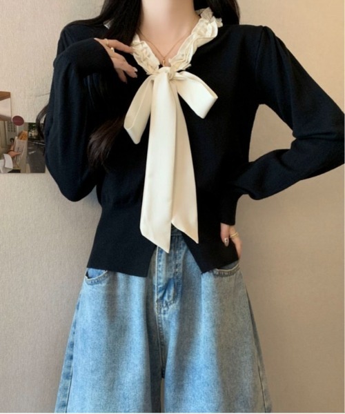 Mejoul(メジュール)の「フリルネックリボンニットトップス(ニット/セーター・レディース・アイボリー/ブラック/ワイン・F)」の10枚目の写真