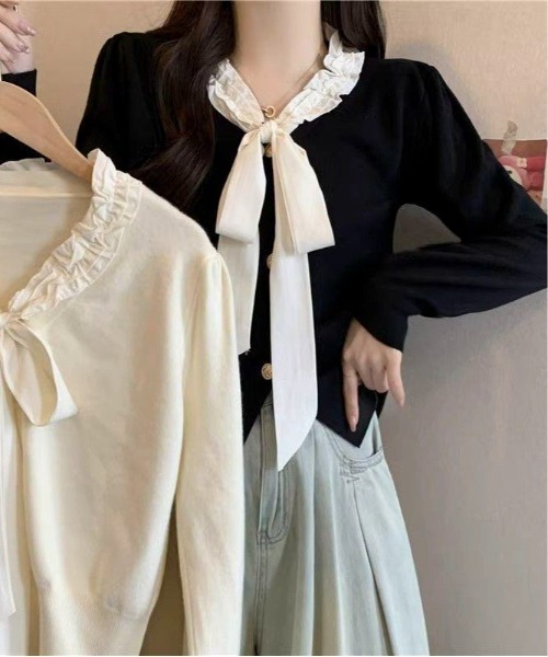 Mejoul(メジュール)の「フリルネックリボンニットトップス(ニット/セーター・レディース・アイボリー/ブラック/ワイン・F)」の11枚目の写真