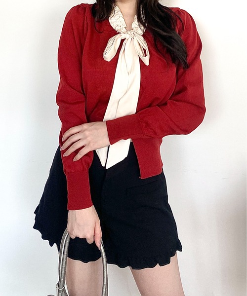 セール】【2025秋冬新作】フリルネックリボンカーディガン