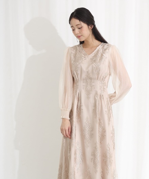 袖あり&ミモレ丈同窓会成人式クラシカルシアーエンブロイダリーVネックラインお呼ばれ結婚式二次会フォーマルオケージョンドレスパーティードレス 謝恩会 20代 30代