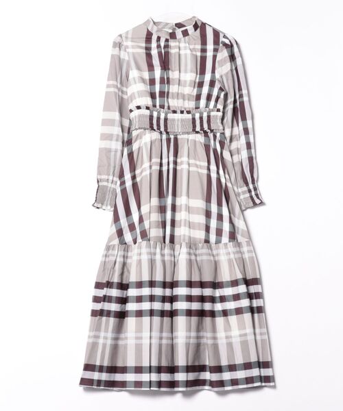 ビックボウタイリボン付きチェック柄シャーリングワンピース