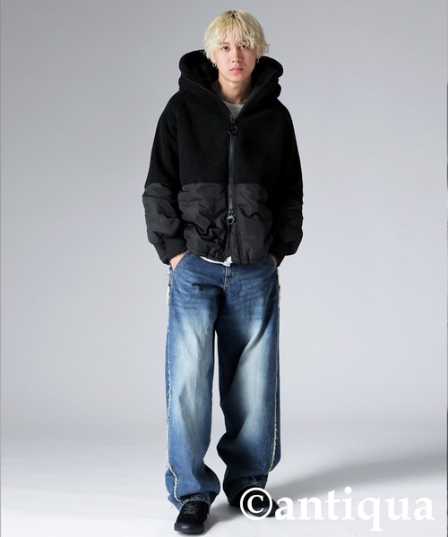 アンティカ 中綿 ショート コート ブラック 予約：1月下旬納期】異素材 切替 ボアアウター レディース アウター