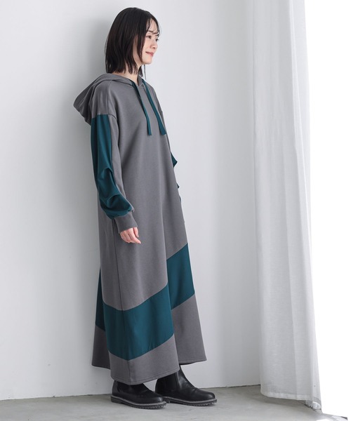 n'OrLABEL(ノアールレーベル)の「異素材切替フード付きワンピース(ワンピース・レディース・ブラック/チャコール・1/2)」の10枚目の写真