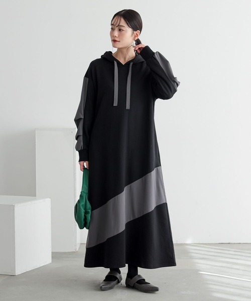 n'OrLABEL(ノアールレーベル)の「異素材切替フード付きワンピース(ワンピース・レディース・ブラック/チャコール・1/2)」の21枚目の写真