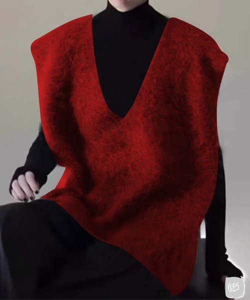 SPIGA(スピーガ)の「深Vシャギーセミロングニットベスト(ベスト・レディース・ブラウン/レッド/グレー・SMALL/MEDIUM)」の3枚目の写真