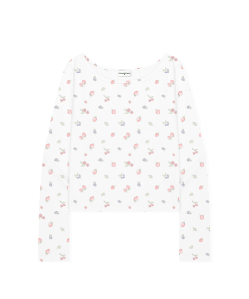 ESCAPEFROM(エスケープフロム)の「ヴィンテージストロベリー フルプリント スリムフィット ボートネック ロングスリーブ アイボリー(Tシャツ/カットソー・レディース・その他・MEDIUM)」の2枚目の写真