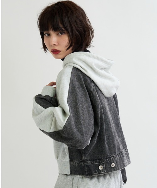 A.D.C.L.（エーディーシーエル）の「裏毛×デニム切替 ジップパーカー（パーカー・レディース・ブルー/ブラック・M/L）」の5枚目の写真